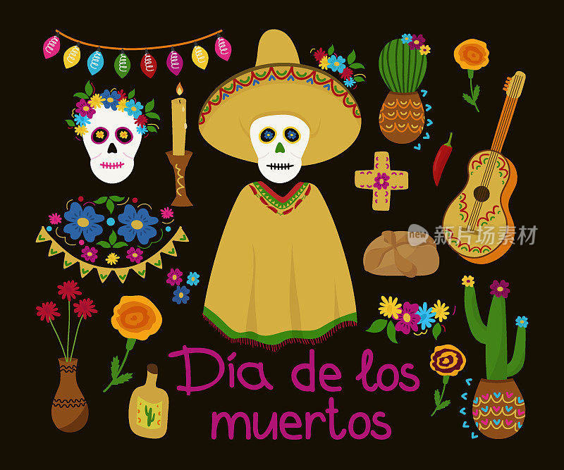 DÃ-a de los muertos是西班牙语中的亡灵节。墨西哥节日的多彩套装。头骨，花，蜡烛，仙人掌，面包，吉他，墨西哥宽边帽。矢量插图。对于设计，明信片，横幅。
